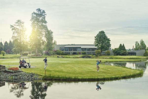 landscape portrait of a golf course and clubhouse