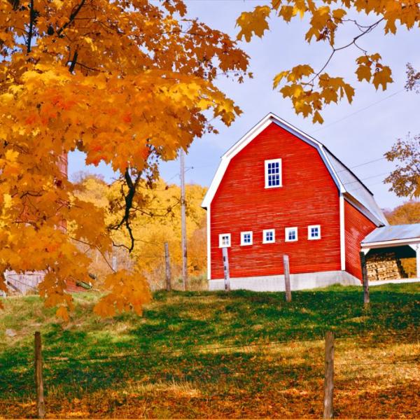 Red barn on a hill in the fall